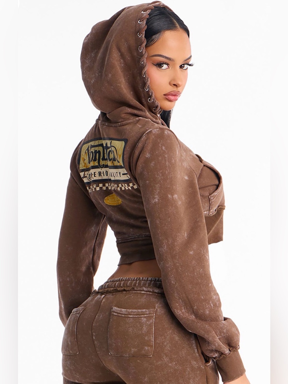 Von Dutch Brown western Vintage-Wash Cropped Zip Hoodie. Size small - Picture 2 of 8